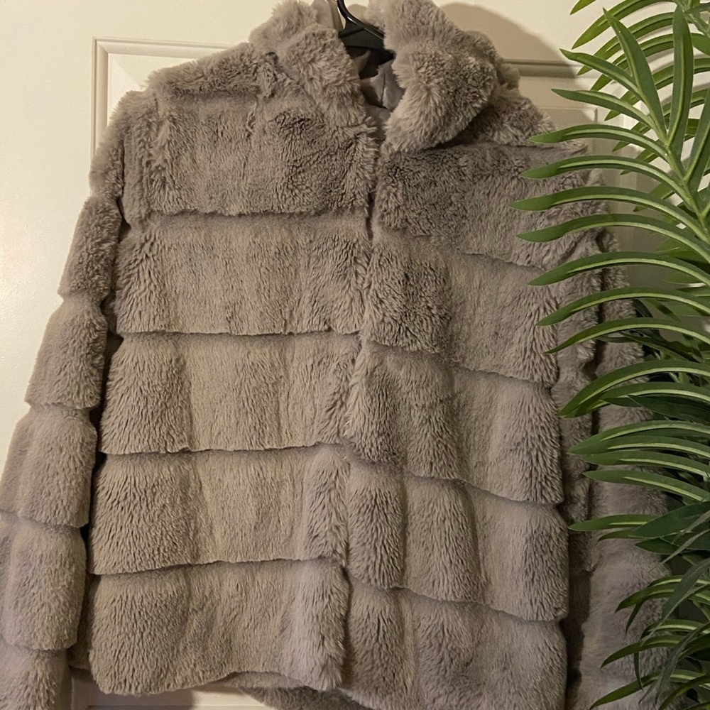Grey faux fur coat with hood
